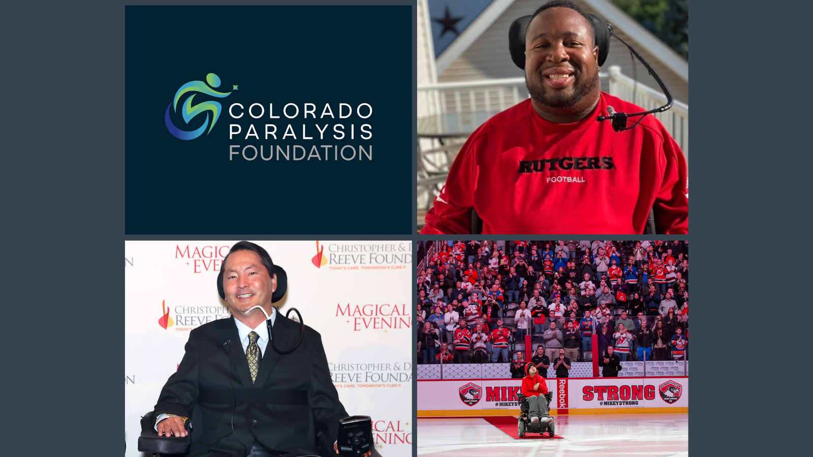 Colorado Paralysis Foundation logo, with photos of Eric LeGrand, Dr. Rex Marco, and Mike Nichols
